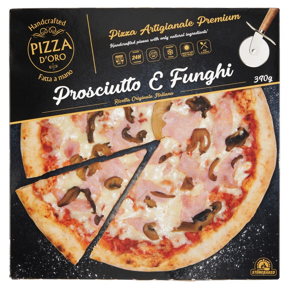 Pizza D'Oro gyorsfagyasztott kézműves pizza főtt sonkával, gombával 390 g