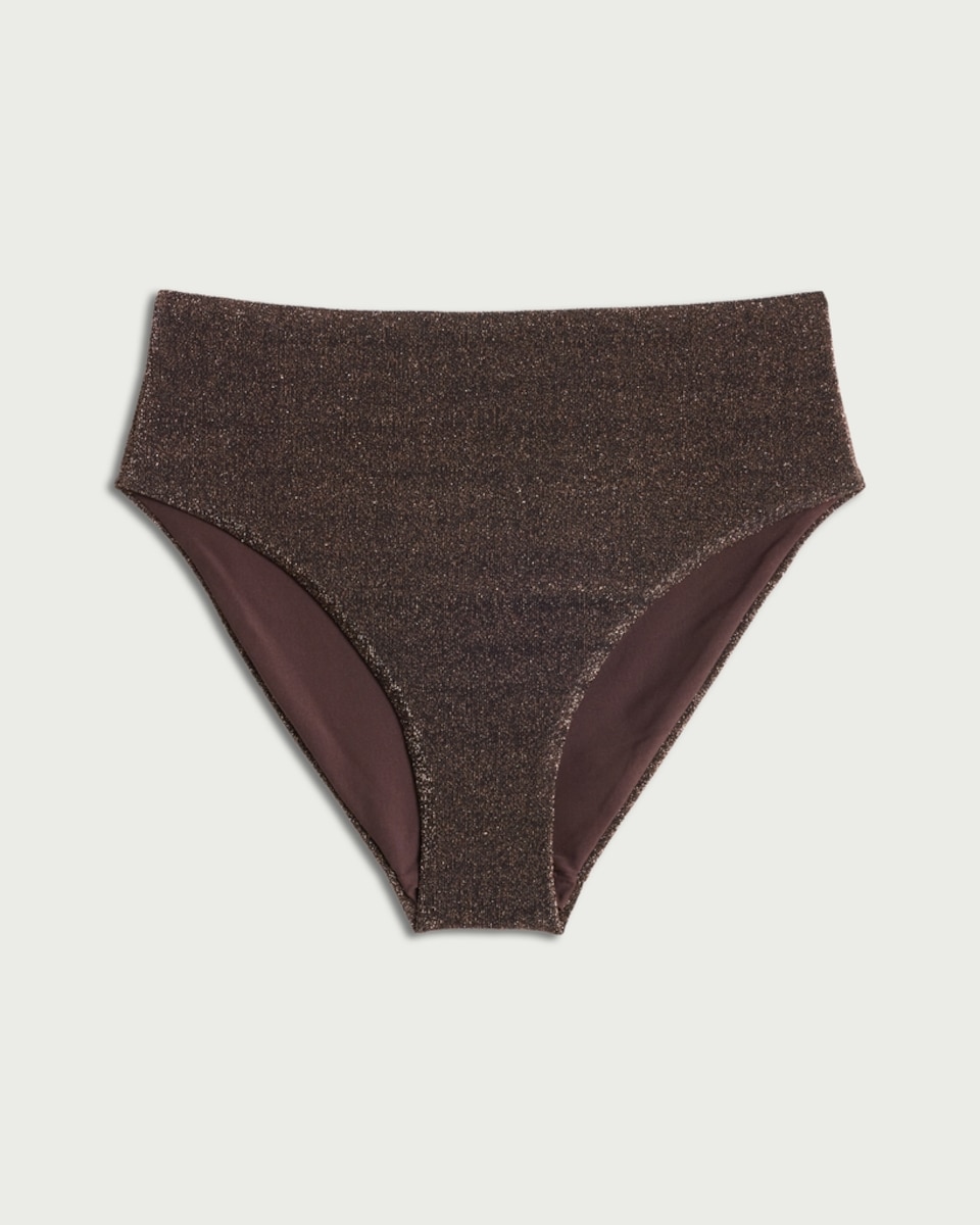 image 1 of F&F Metallic High Waisted Bikini Bottoms in Chocolate