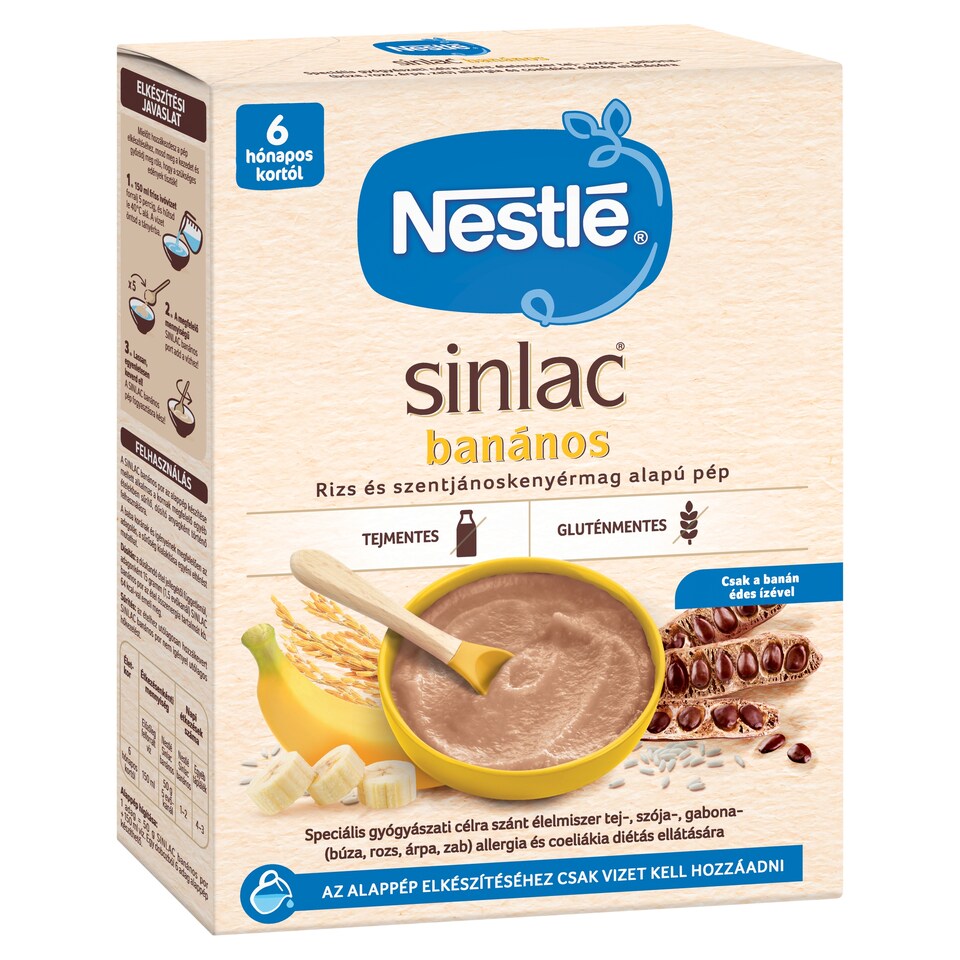 Nestlé Sinlac rizs és szentjánoskenyérmag alapú banános pép 6 hónapos kortól 300 g  1. kép