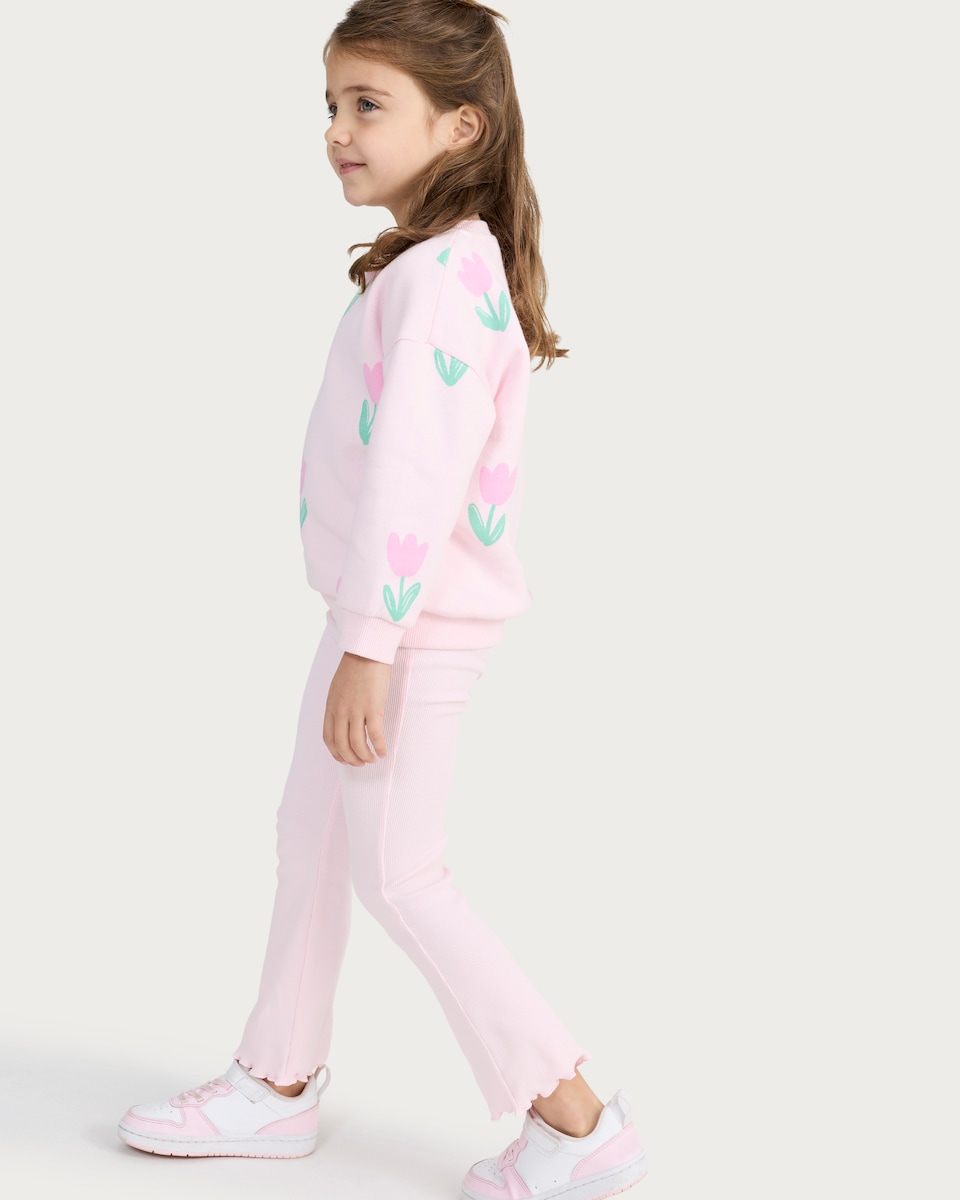 image 1 of F&F Girls Cotton Rich Tulip Print Sweatshirt and Leggings Set in Pink