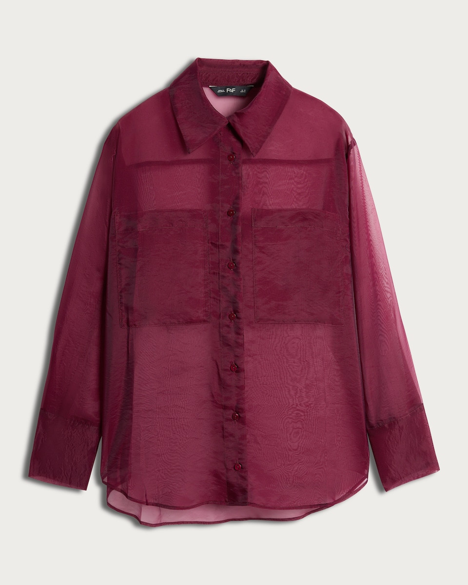 image 1 of F&F Organza Button Up Long Sleeved Shirt in Burgundy
