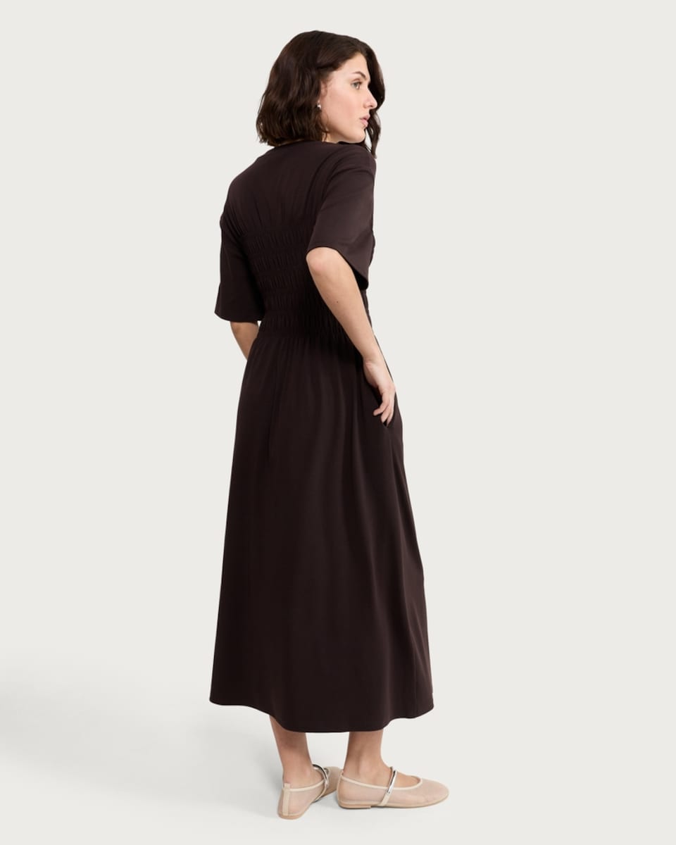 image 1 of F&F Cotton Rich Shirred Waist Midi Dress in Brown
