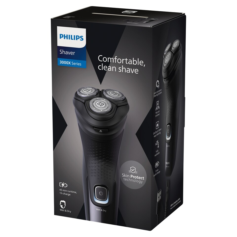 Philips Series X3000 Men's Electric Shaver, 45-mins Battery Life, Wet & Dry, Pop-up Trimmer, Black, (X3051/00)