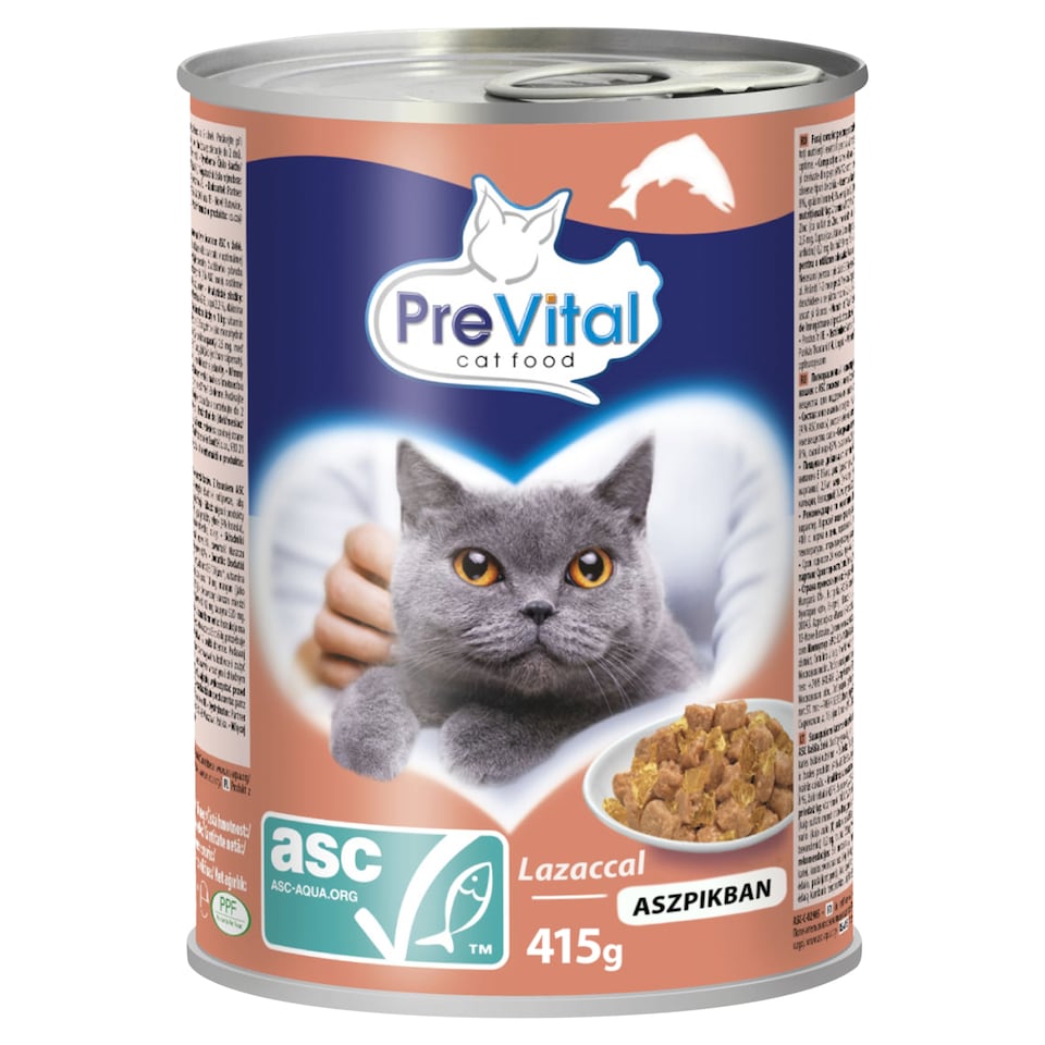 PreVital nedves macskaeledel, macskatáp felnőtt macskáknak ASC lazaccal zselében konzerv 415 g  1. kép