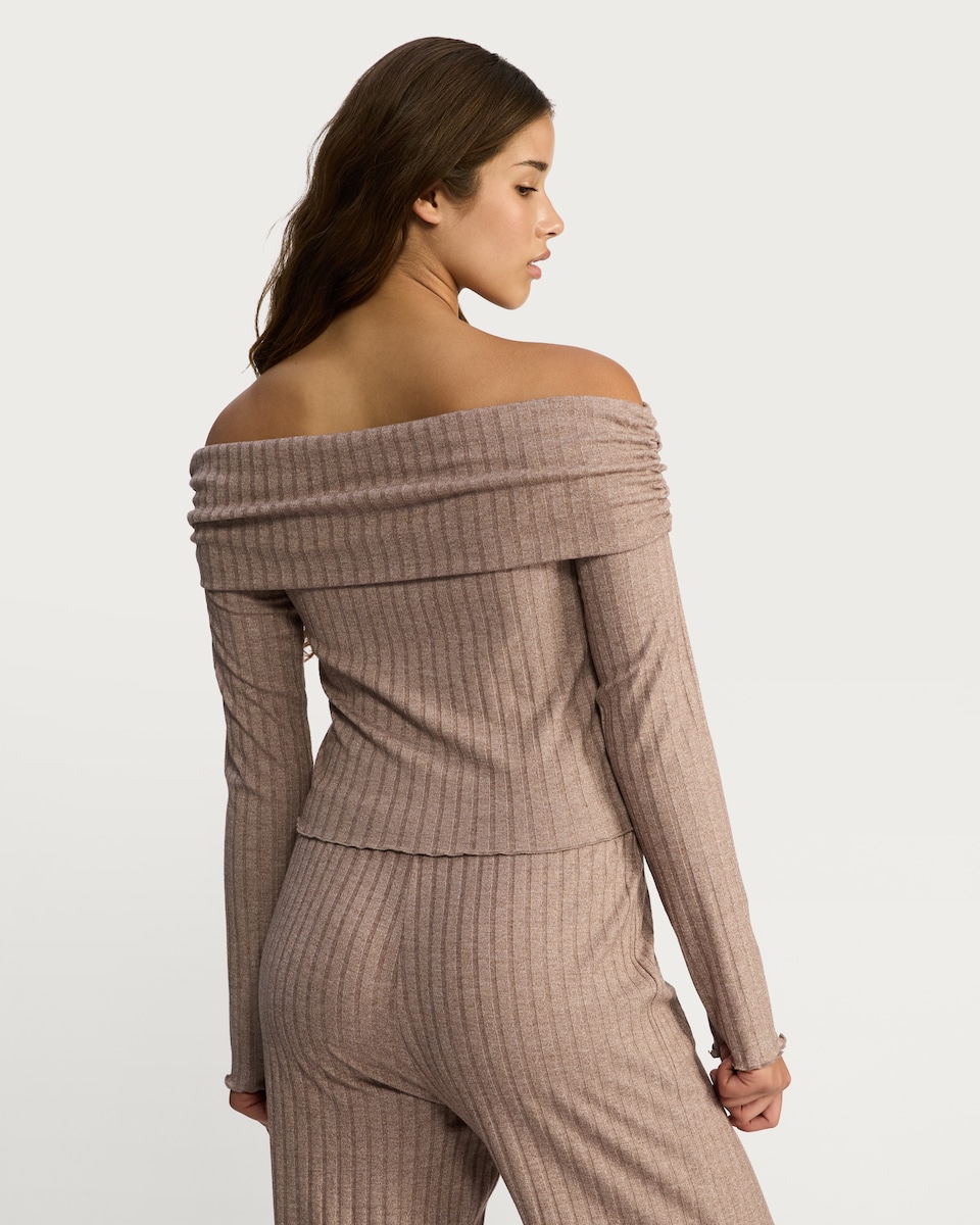image 1 of OH ME OH MY Off Shoulder Ribbed Co-ord Top in Neutral
