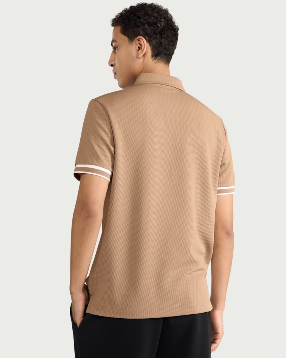 image 1 of F&F Textured Zip Neck Relaxed Fit Polo Shirt in Tan