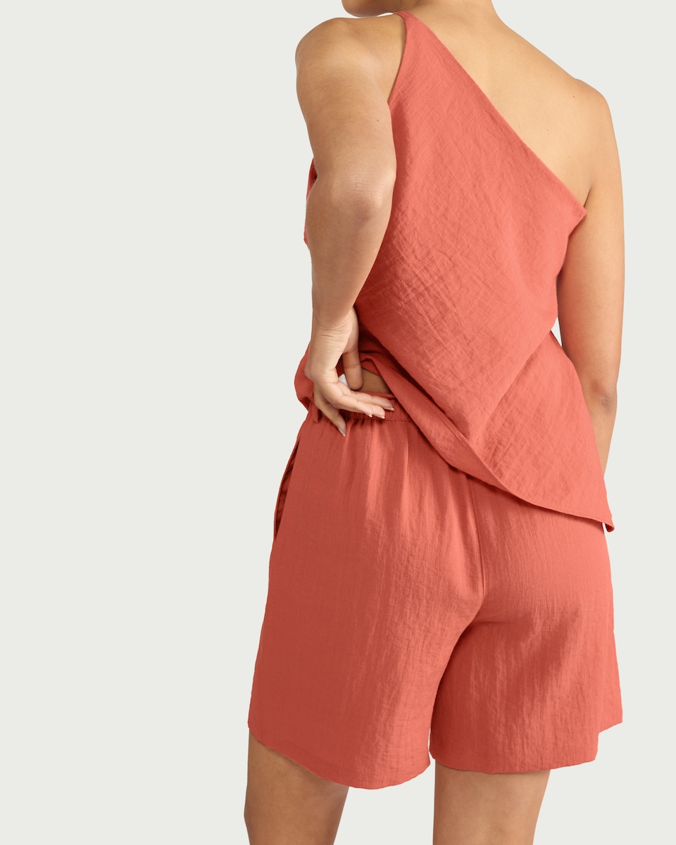 image 1 of The F&F Edit Textured Pleated Tie Waist Co-ord Shorts in Coral