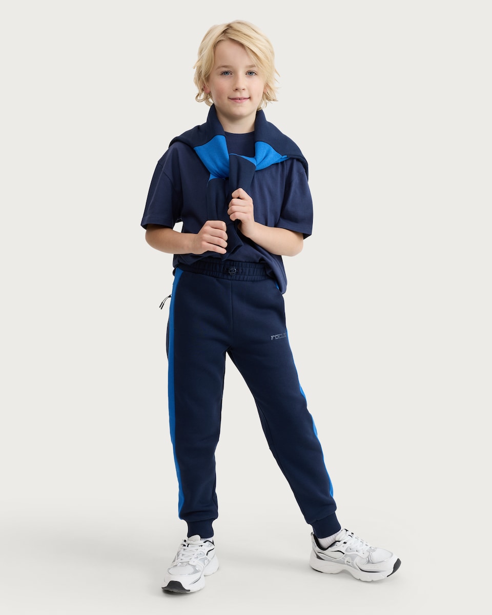 image 1 of F&F Boys Cotton Rich Side Stripe Cuffed Joggers in Navy