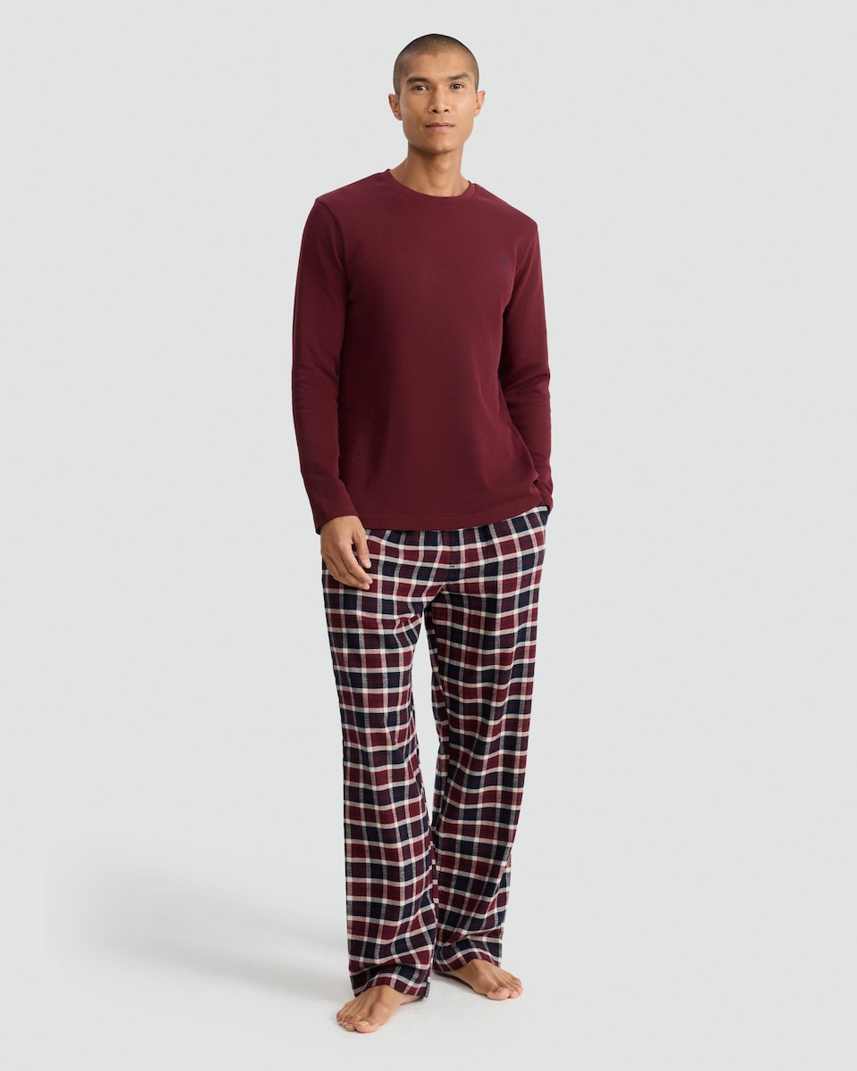 image 1 of F&F Pure Cotton Waffle Top and Check Print Trousers Pyjamas in Multi