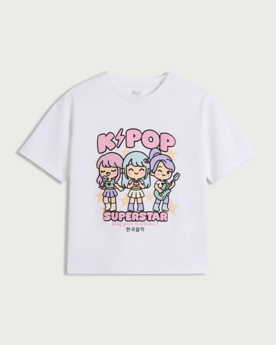 image 1 of F&F Girls Pure Cotton K-Pop Superstar T-Shirt in Cream