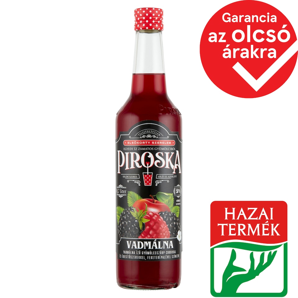 Piroska vadmálna ízű gyümölcsszörp feketerépalével színezve cukorral és édesítőszerrel 0,7 l