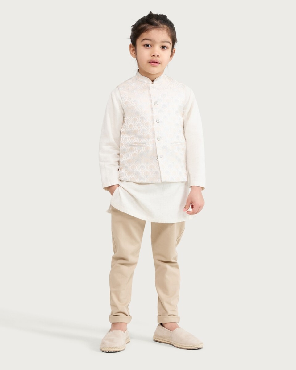 image 1 of F&F Boys Button Placket Kurta in Cream