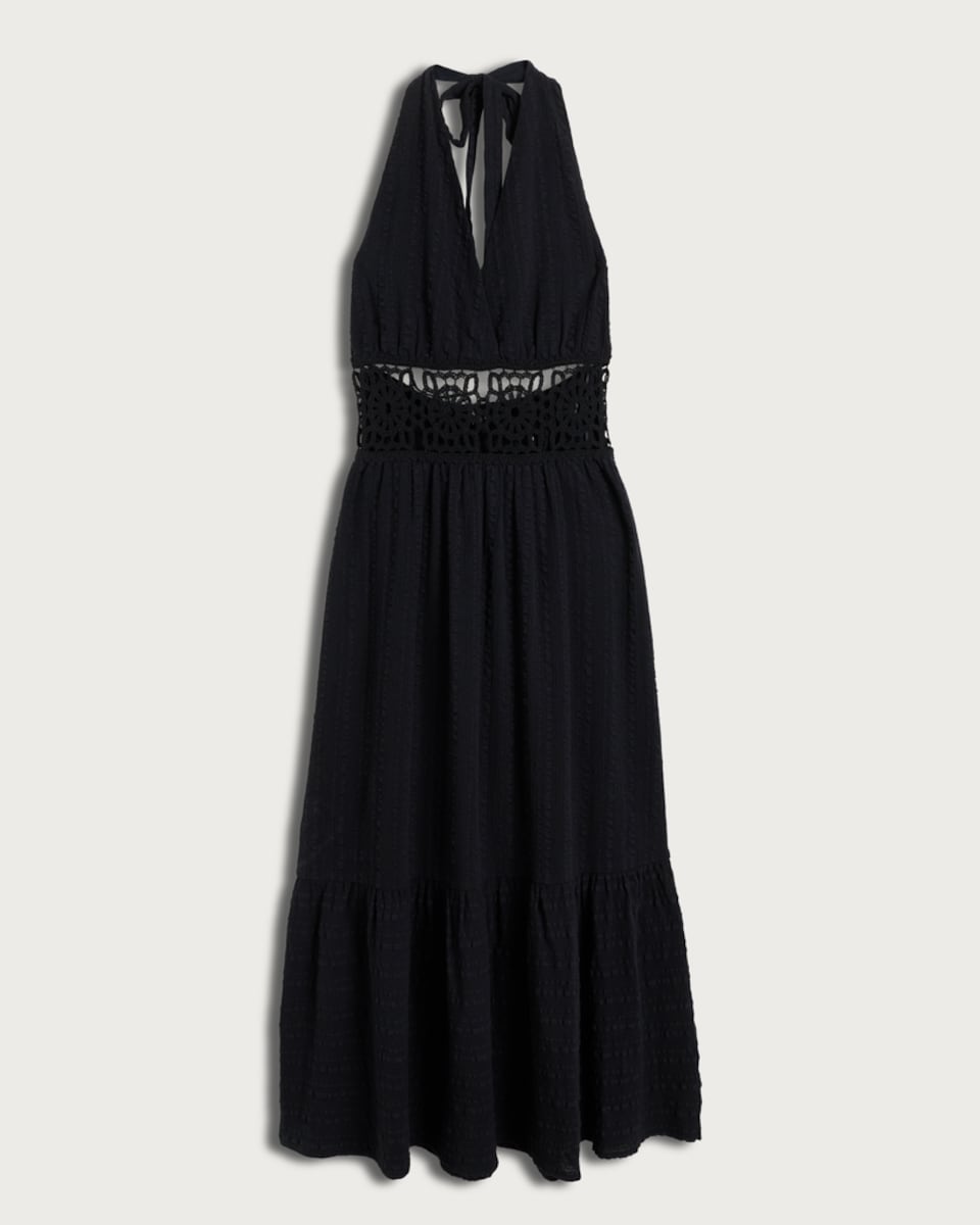 image 1 of F&F Pure Cotton Halter Neck Midi Beach Dress in Black