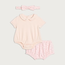 F&F Baby 3-Piece Cotton Rich Bodysuit, Bloomers and Headband Set in Pink