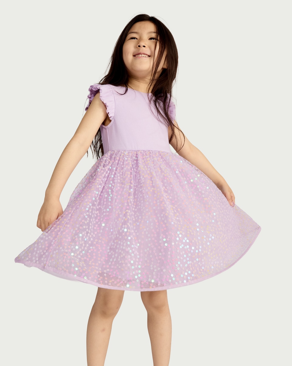 image 1 of F&F Girls Sequin Tulle Dress in Lilac
