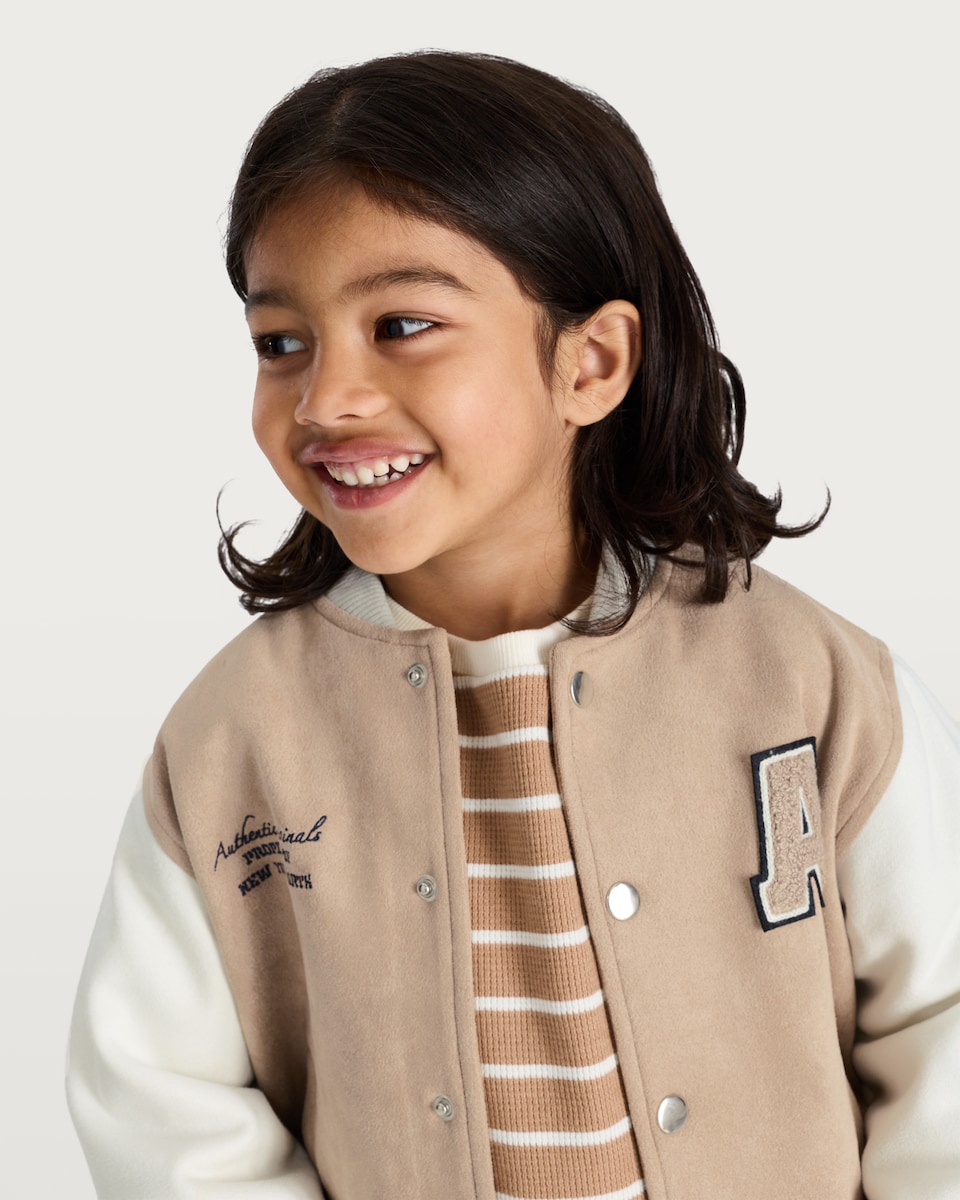 image 1 of F&F Boys Faux Suede Aesthetic Originals Varsity Jacket in Stone