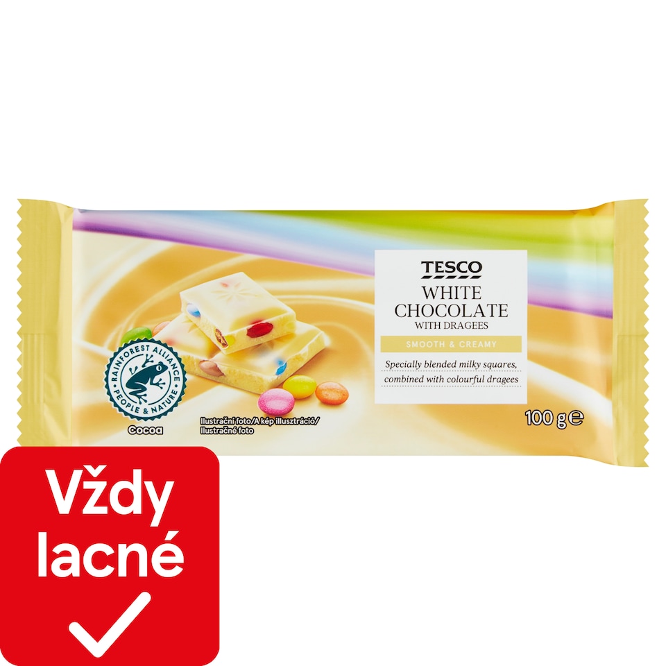 Tesco Biela čokoláda s čokoládovými dražé 100 g