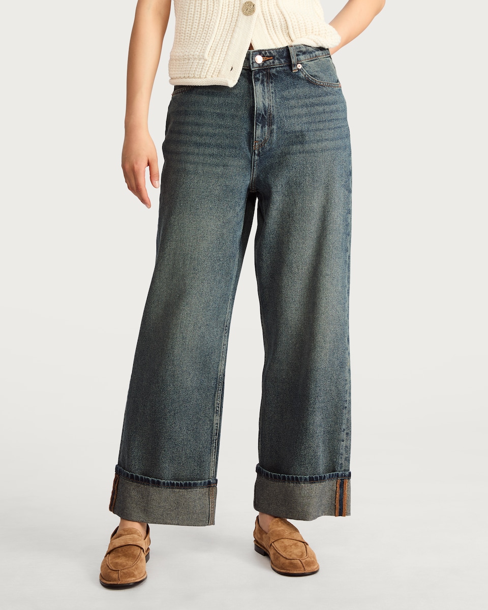 image 1 of F&F Turn Up Hem Wide Leg Jeans in Blue