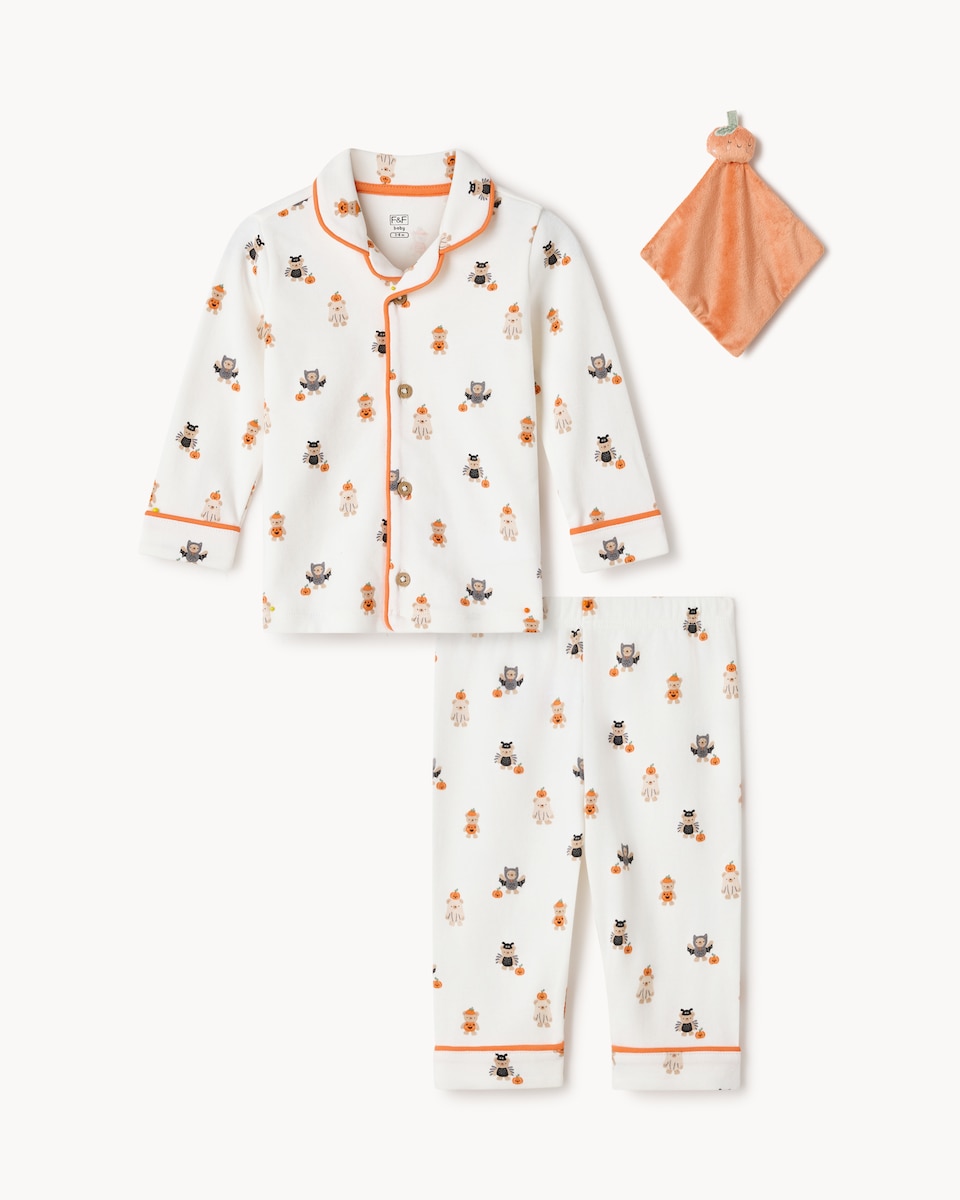 image 1 of F&F Baby 3-Piece Pure Cotton Halloween Pyjama Set in White