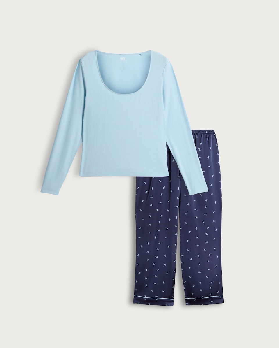 image 1 of F&F Ribbed Scoop Neck Bow Print Pyjama Set in Multi Blue