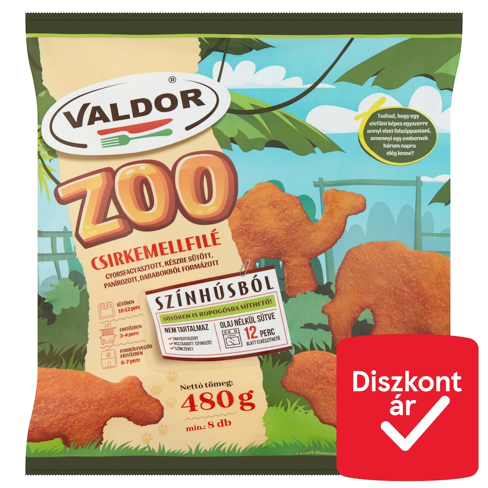 Valdor Zoo gyorsfagyasztott, készre sütött, panírozott, darabokból formázott csirkemellfilé 480 g  1. kép