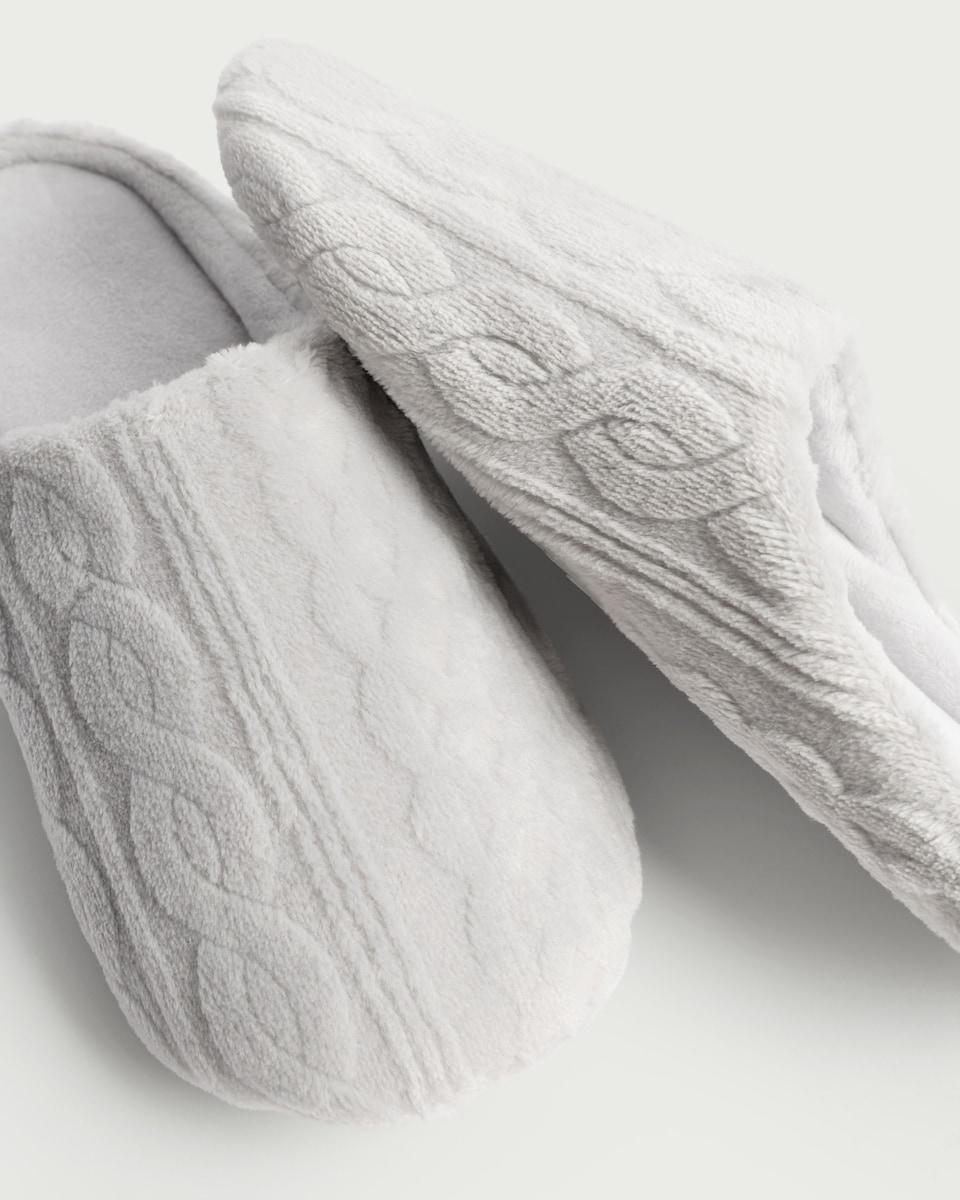 image 1 of F&F Fleece Cable Knit Mule Slippers in Grey
