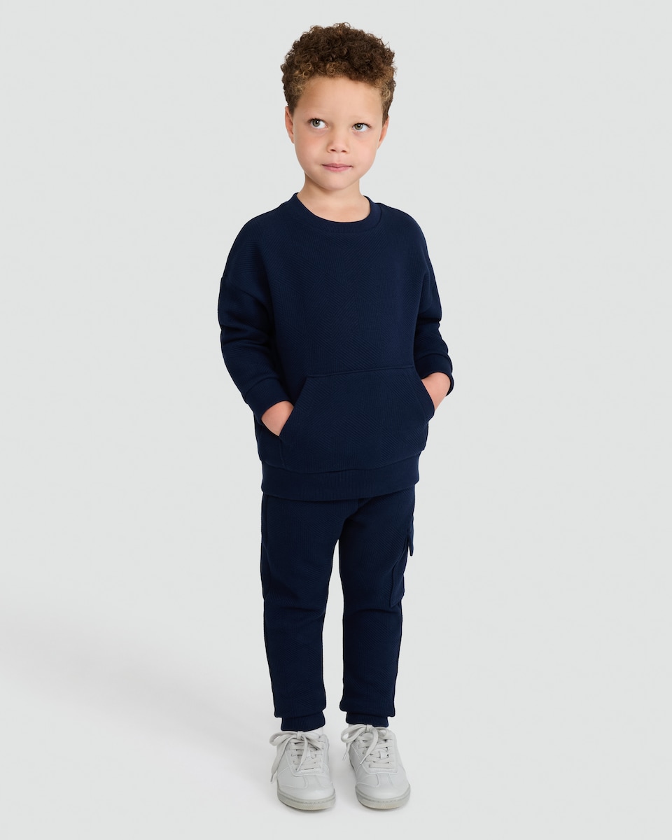 image 1 of F&F Boys Cotton Blend Textured Geometric Sweatshirt and Joggers Set in Navy