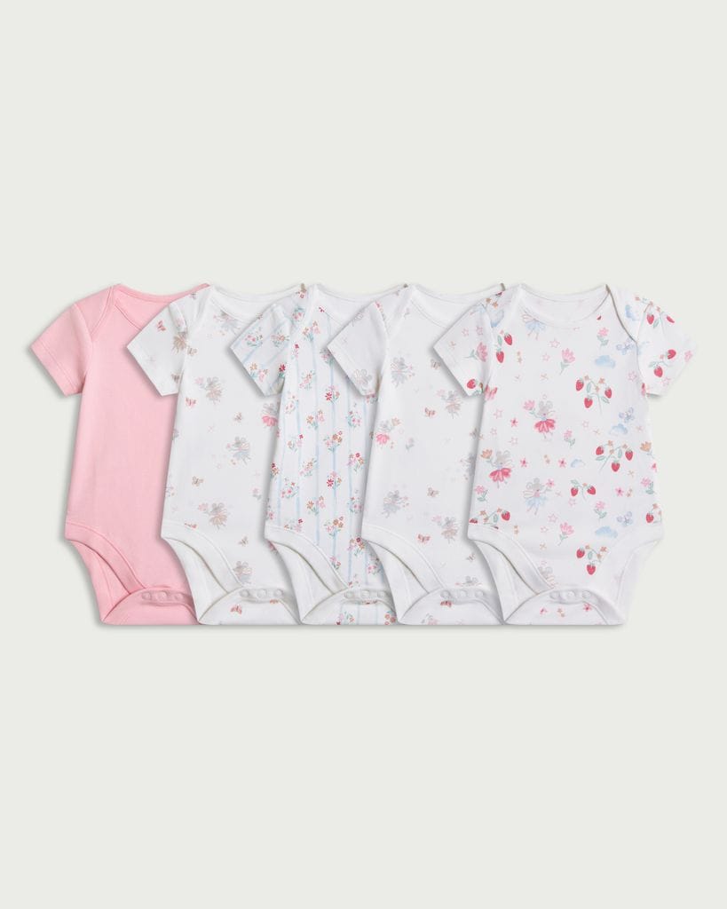 F&F Baby 5-Pack Pure Cotton Floral Printed Short Sleeved Bodysuits in White