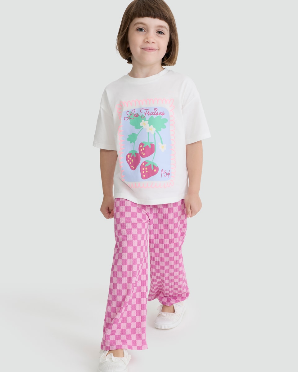 image 1 of F&F Girls 2-Piece Les Fraises T-Shirt and Check Trousers Set in Multi