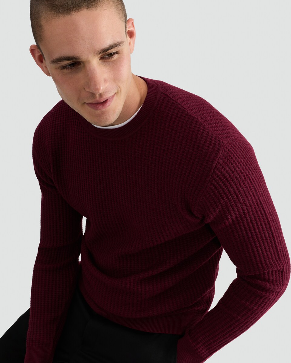 image 1 of F&F Waffle Knit Crew Neck Jumper with Wool in Burgundy