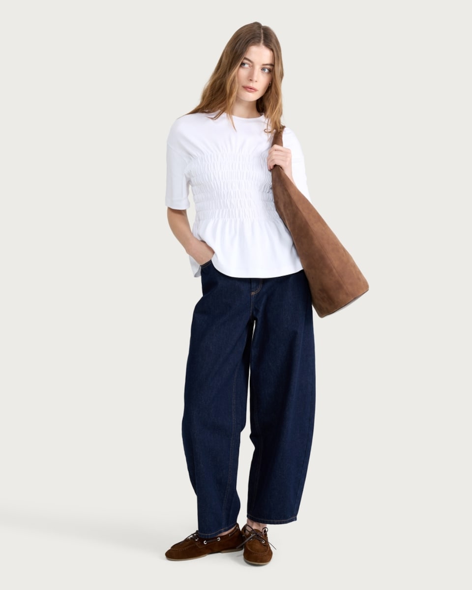 image 1 of The F&F Edit Pure Cotton Shirred Waist Short Sleeved Top in White
