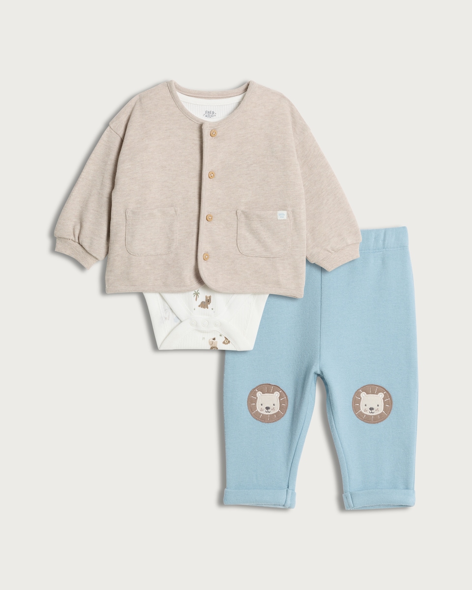 image 1 of F&F Baby 3-Piece Cotton Rich Animal Cardigan, Bodysuit and Leggings Set in Neutral