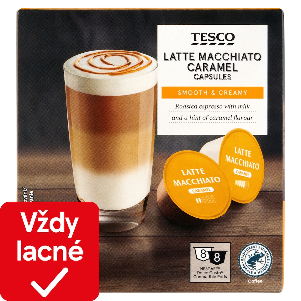 Tesco Latte Macchiato pražená mletá káva a sušené plnotučné mlieko 8 x 5 g + 8 x 13,2 g (145,6 g)