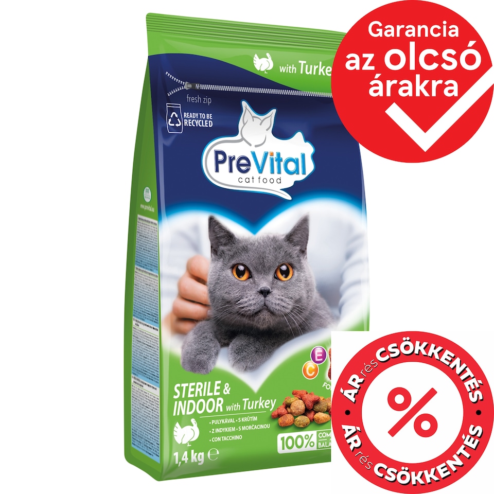 PreVital Dry Cat Food, Kibble for Sterile, Indoor Cats with Turkey 1,4 kg