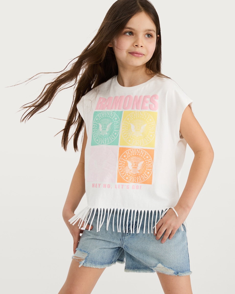image 1 of Ramones Pure Cotton Slogan Fringe Tank Top in Cream