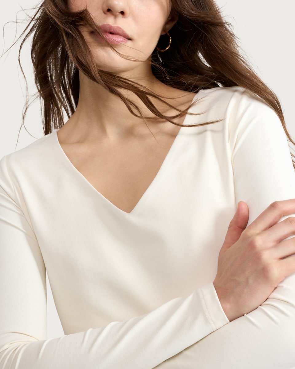 image 1 of F&F Polyamide V Neck Long Sleeved Top in Cream