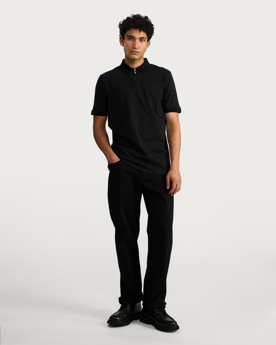 image 1 of The F&F Edit Supima® Cotton Zip Neck Polo Shirt in Black