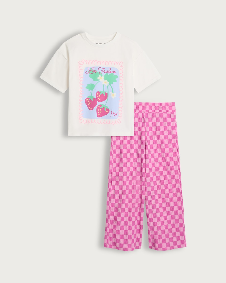 F&F Girls 2-Piece Les Fraises T-Shirt and Check Trousers Set in Multi