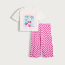 F&F Girls 2-Piece Les Fraises T-Shirt and Check Trousers Set in Multi