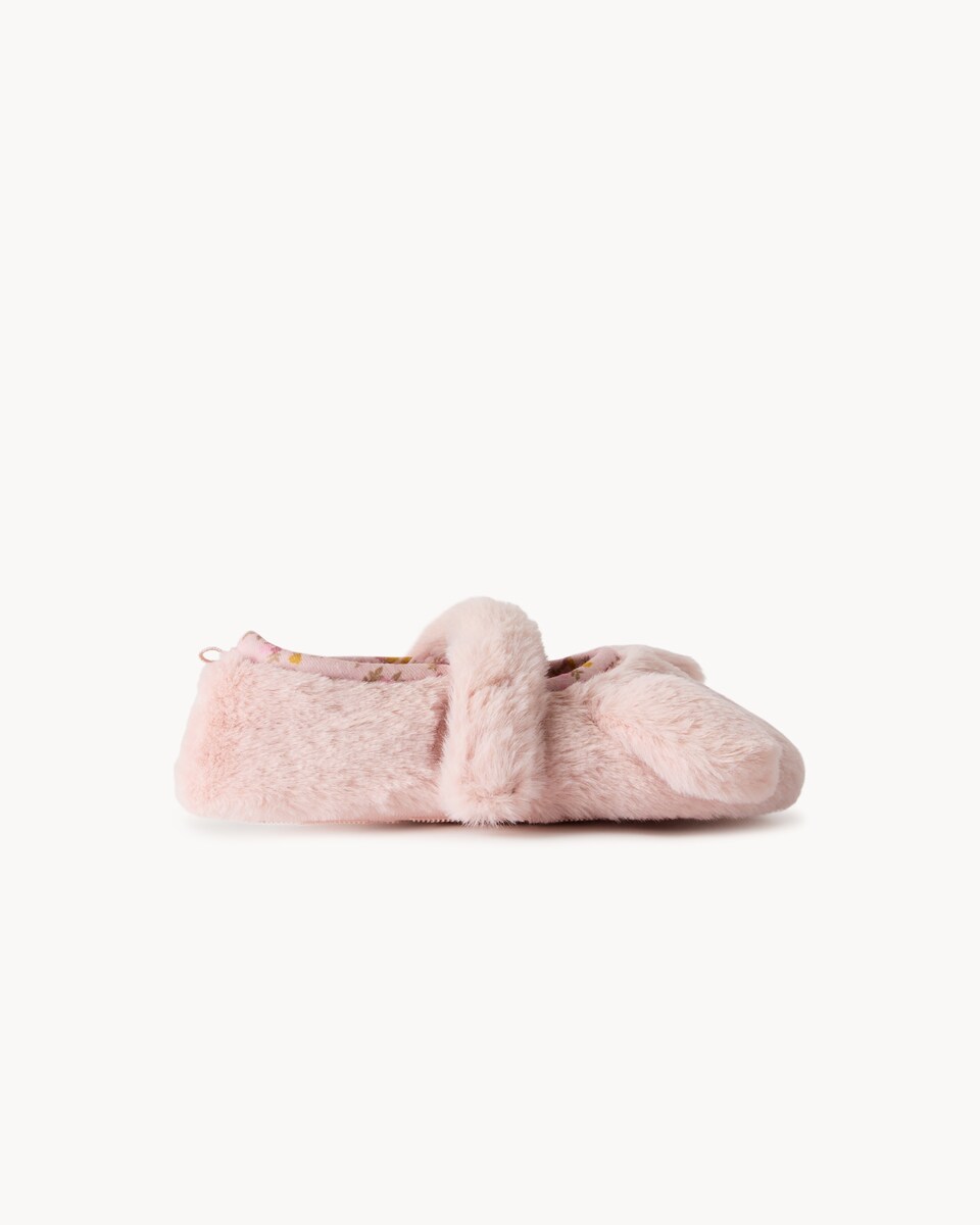 image 1 of F&F Girls Faux Fur Bunny Mary Jane Slippers in Pink