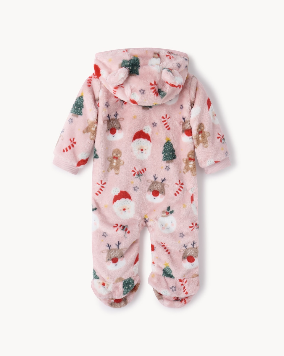 image 1 of Christmas Baby Fleece Printed Pramsuit in Pink