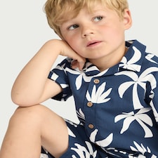 F&F Boys 2-Piece Cotton Rich Palm Print Shirt and Shorts Set in Navy