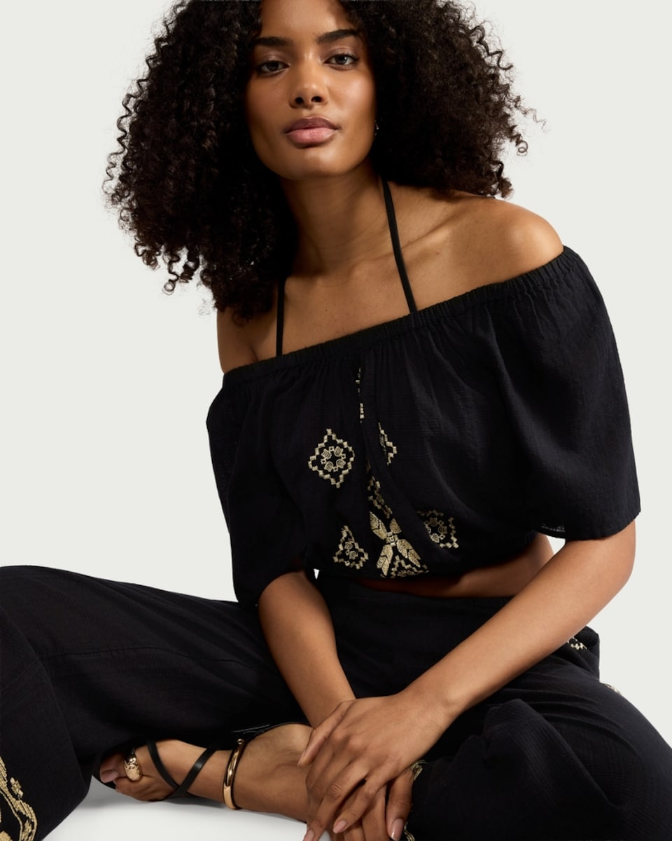 image 1 of F&F Cotton Rich Embroidered Beach Blouse in Multi Black