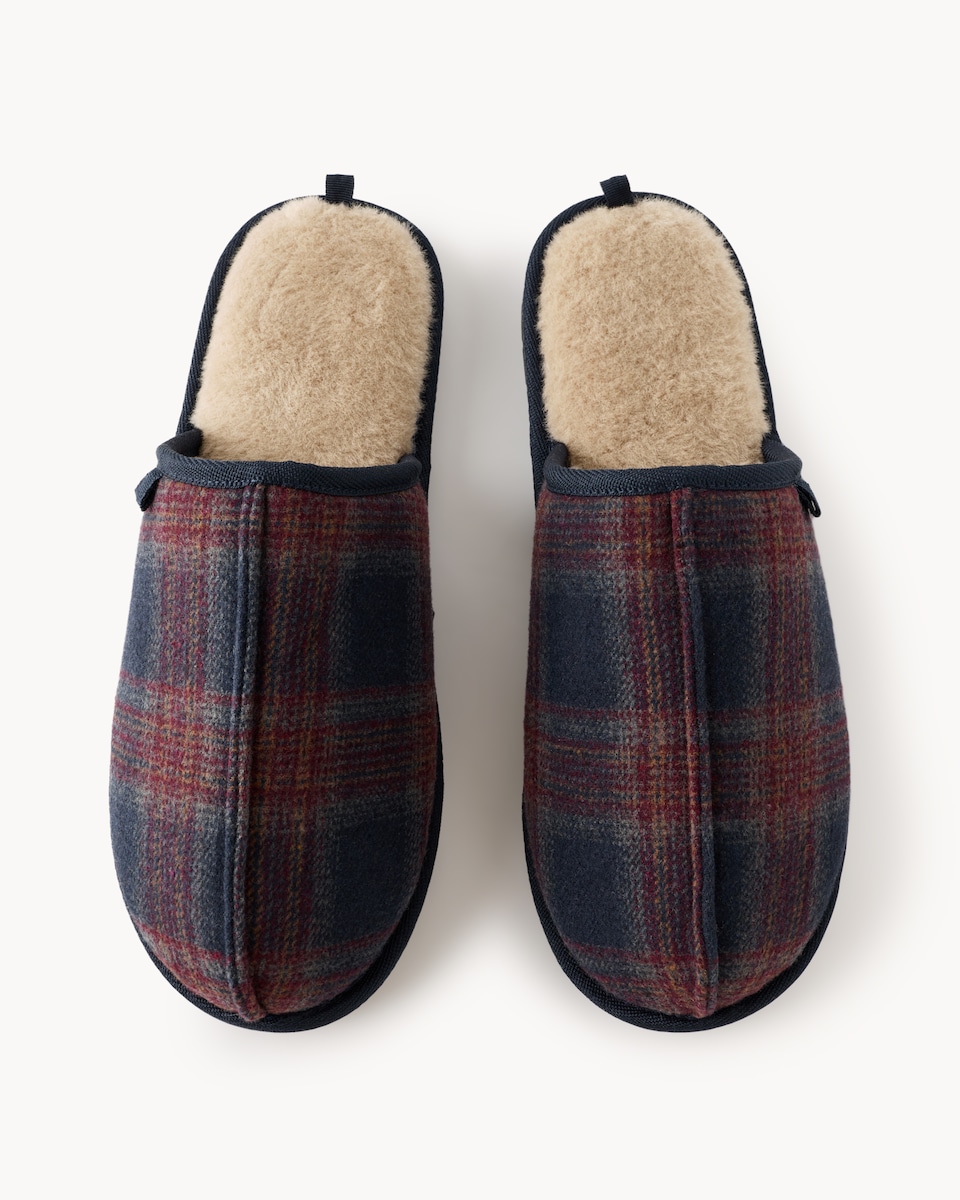 image 1 of F&F Faux Fur Lined Checked Mule Slippers in Blue