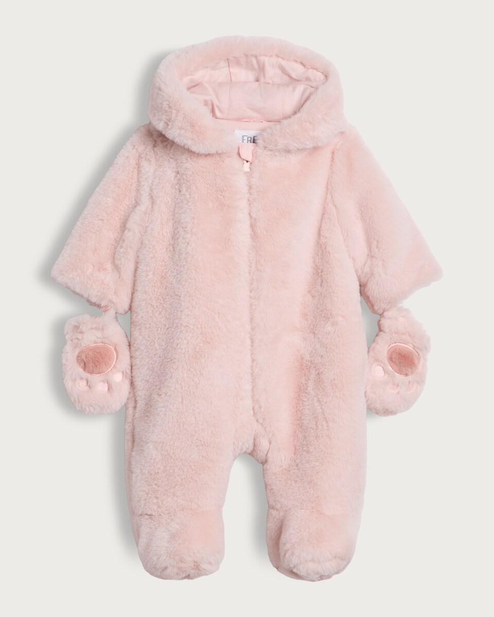 image 1 of F&F Baby Rabbit Style Hooded Pramsuit in Multi Pink