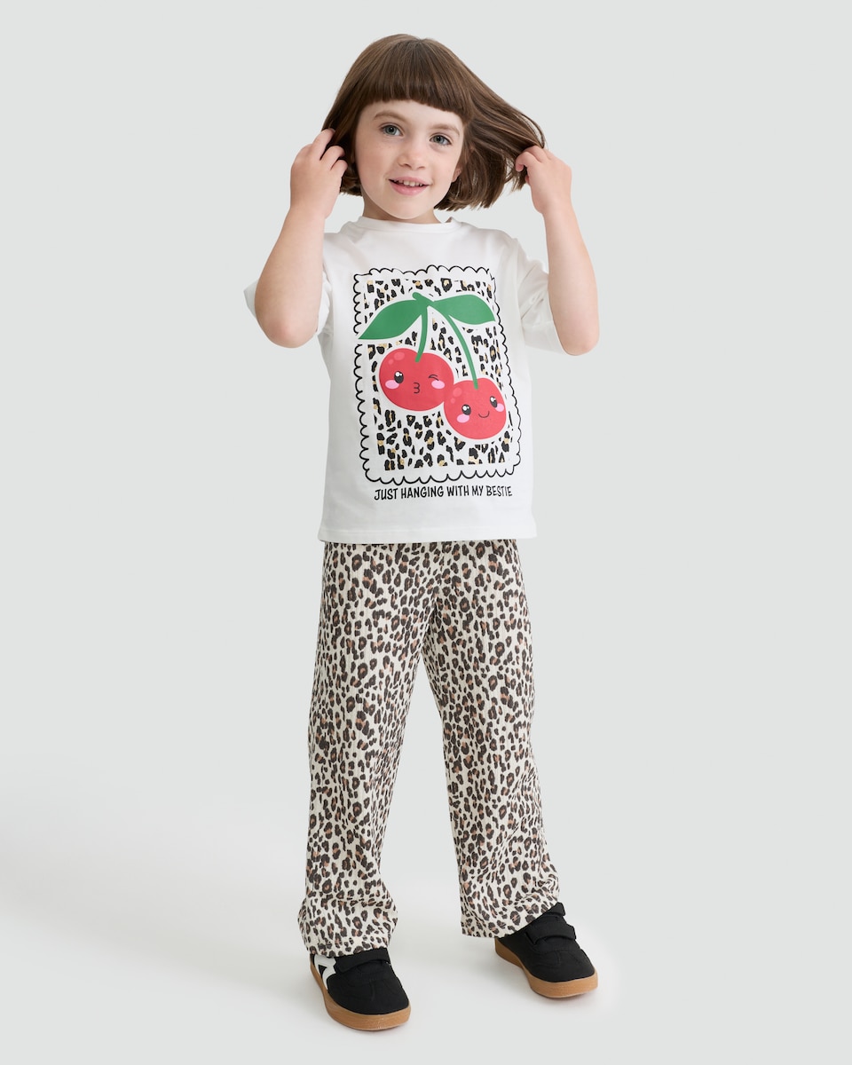 image 1 of F&F Girls 2-Piece Cherry Bestie T-Shirt and Leopard Print Trousers Set in Multi
