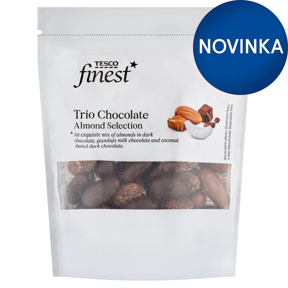 Tesco Finest Zmes pražených jadier mandlí v horkej a mliečnej belgickej čokoláde 150 g