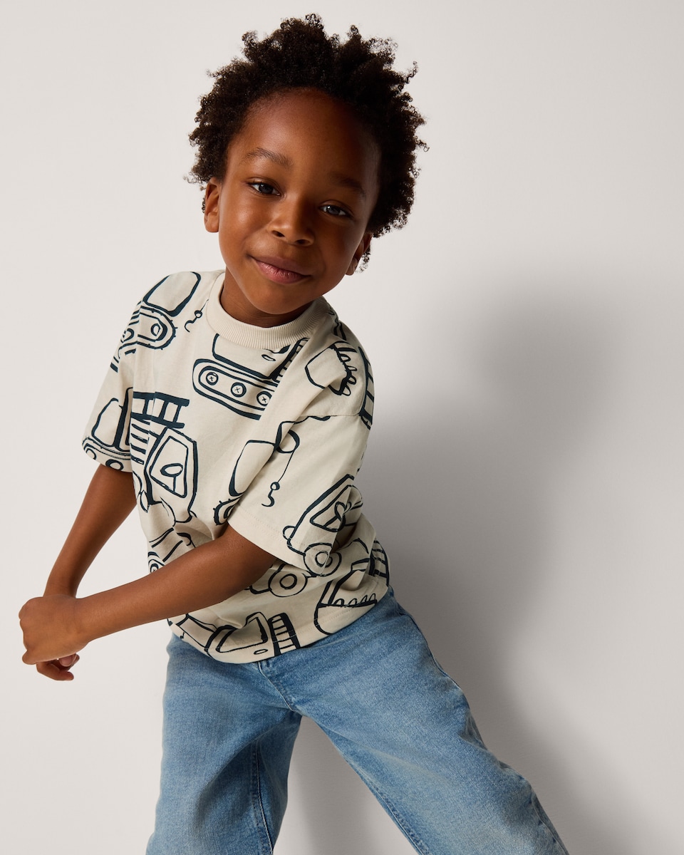 image 1 of F&F Boys Pure Cotton Vehicle T-Shirt in Stone