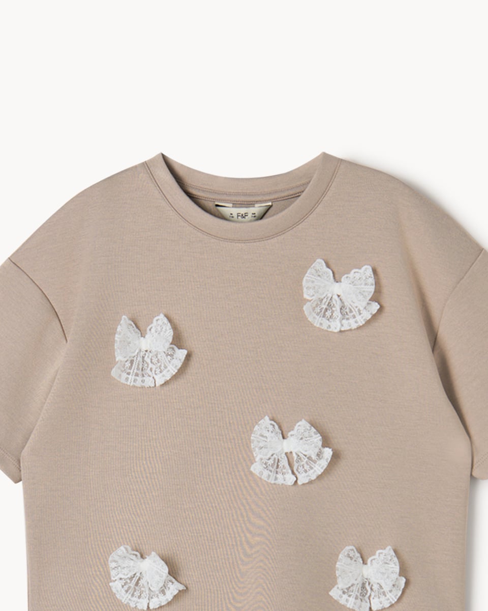 image 1 of F&F Girls 2-Piece Bow Top and Trousers Set in Neutral