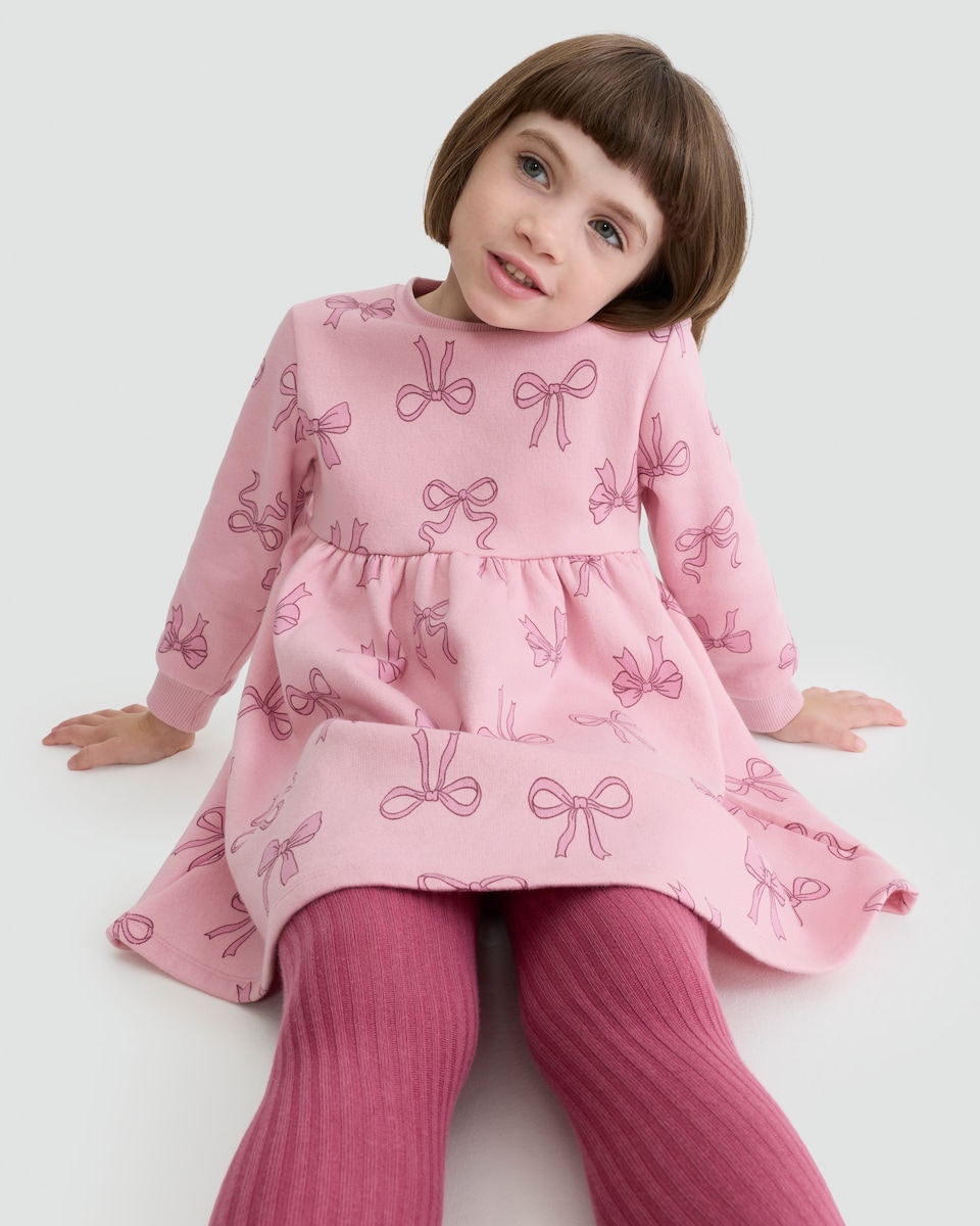 image 1 of F&F Girls Cotton Rich Bow Print Long Sleeved Sweater Dress in Pink